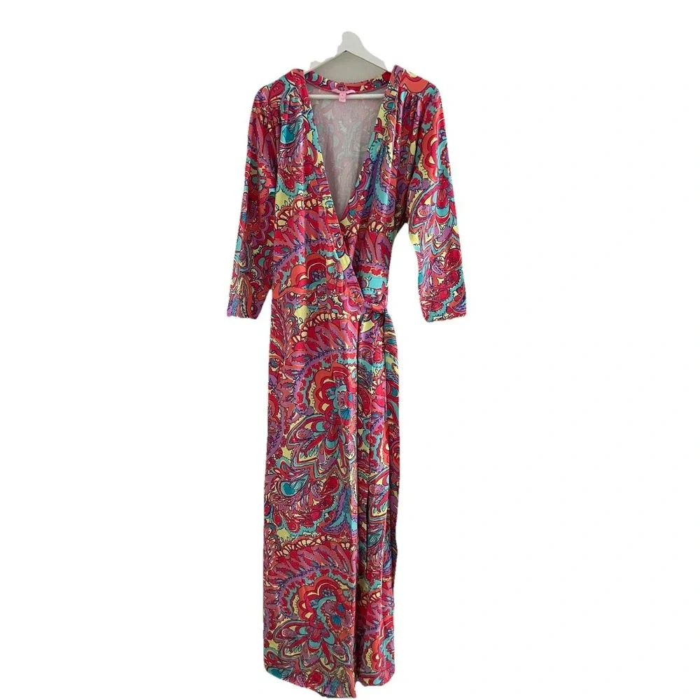 lilly pulitzer wrap dress Kessler Macaw Blue Tall Me About It XL at Amazon Women's Clothing store and trapunto topstitching detail Lilly Pulitzer Pink & Blue